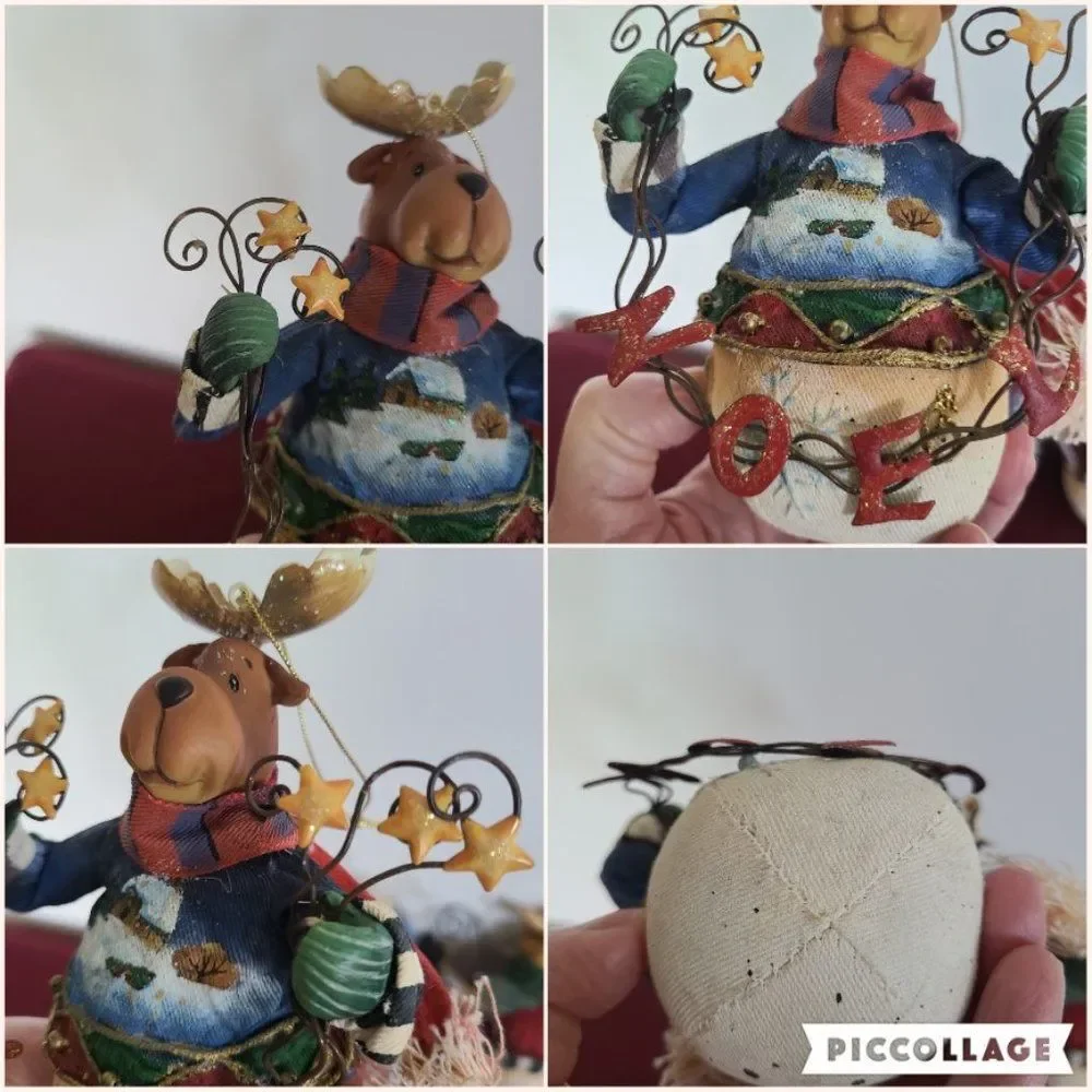 Vintage Fabric Mache Holiday Winter Christmas Ornaments Snowmen & Moose Set of 4